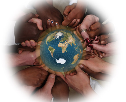 Circle of interracial hands around earth